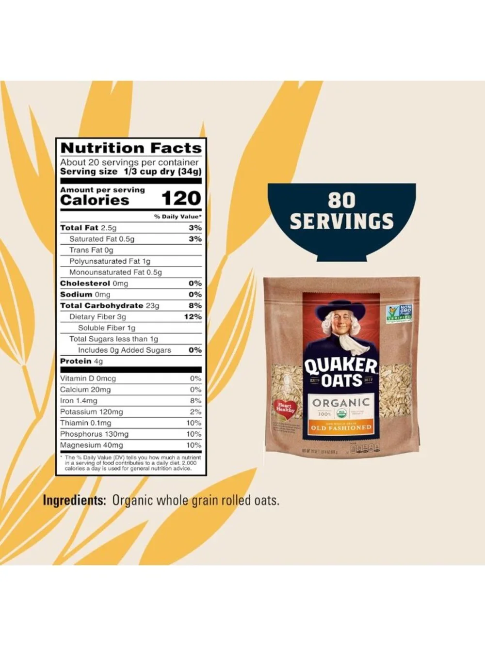 Organic Rolled Oats, Non-GMO, Old Fashioned, Resealable Bags, 24oz, Pack of 8
